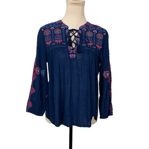 Lucky Brand Blue Embroidered Top